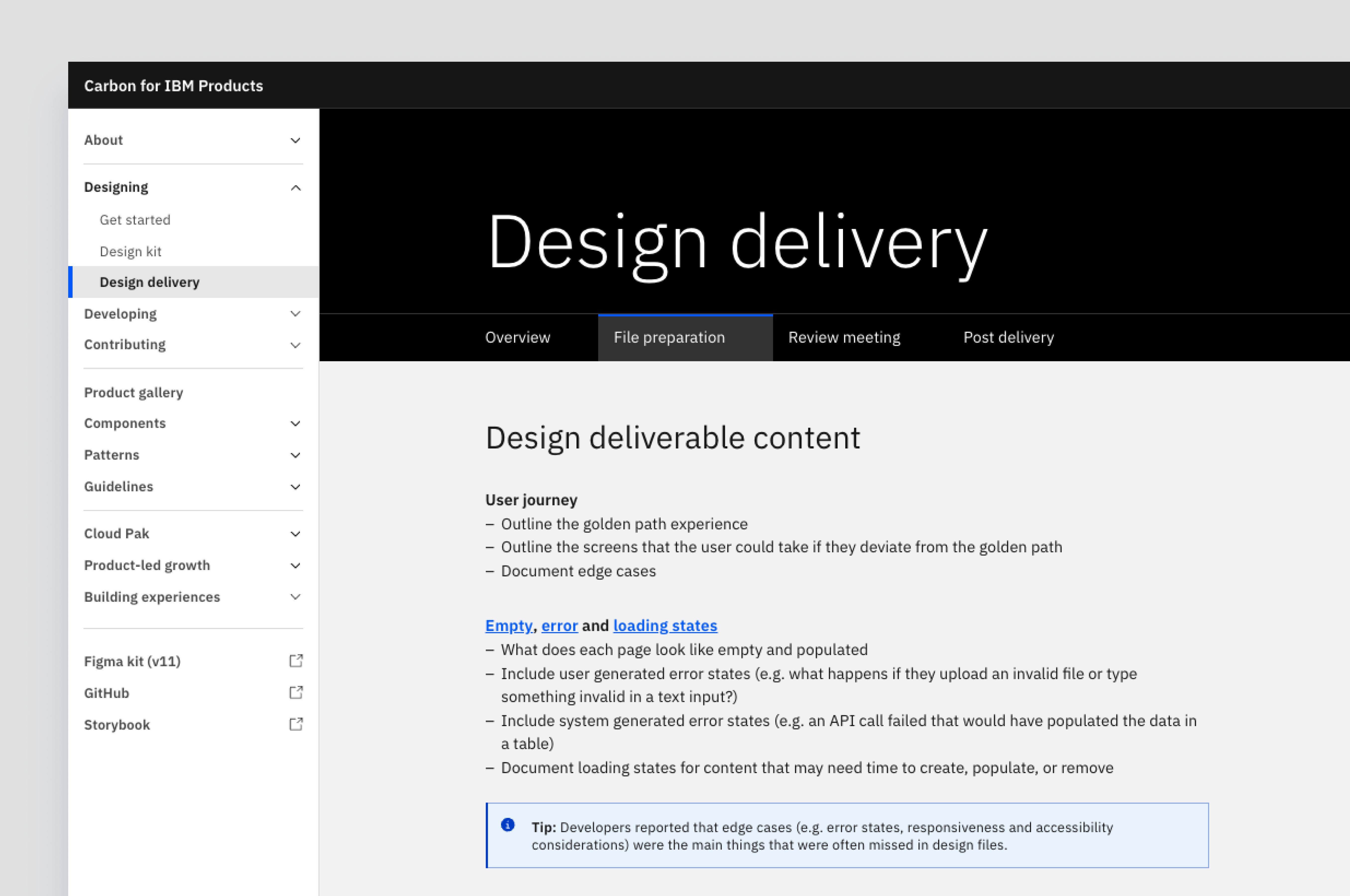 Design delivery guidance published on Carbon for IBM Products.